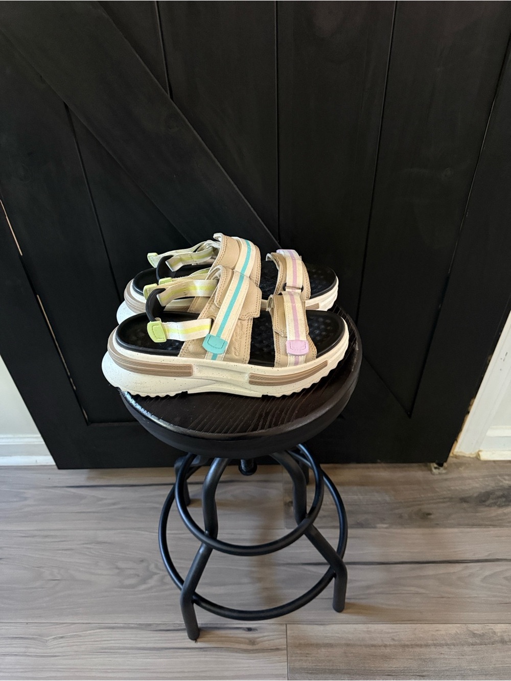 Converse Neutral Beige Sandals with Pastel Yellow, Blue, and Purple Accents - Picture 1 of 6